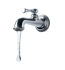 Chrome Faucet with Water Flowing from Spout on Isolated Transparent Background