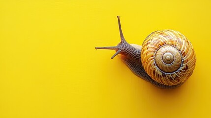 Brown snail crawling on bright yellow background with detailed shell patterns