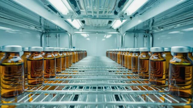 Rows of amber glass vials containing liquid in a laboratory refrigerator