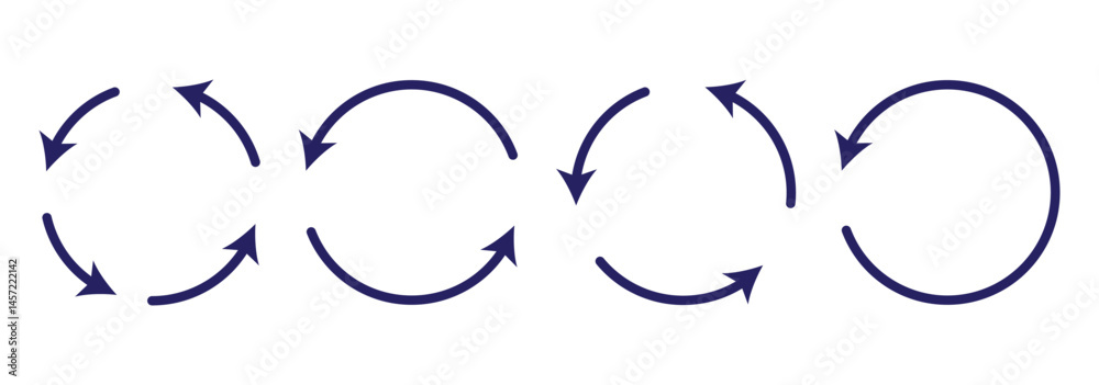 Leinwandbilder Circle arrow icon set. Symbol of reload, refresh, loading, recycle and repeat. Interconnecting round arrow vector icons set. Work in progress sign. One, two, three, four arrow in the loop