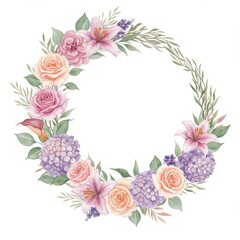 Pastel Watercolor Floral Wreath with Roses and Lilies