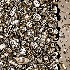 Candies cartoon vector doodles illustration. Sweet food frame design. Confection elements and objects background. 