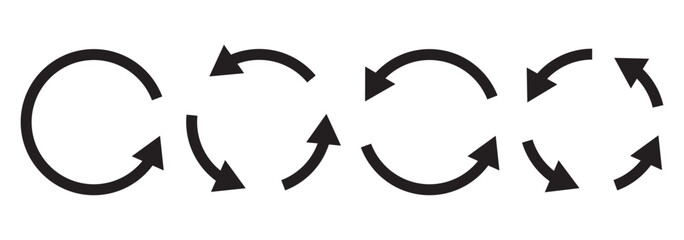 Circle arrow icon set. Symbol of reload, refresh, loading, recycle and repeat. Interconnecting round arrow vector icons set. Work in progress sign. One, two, three, four arrow in the loop