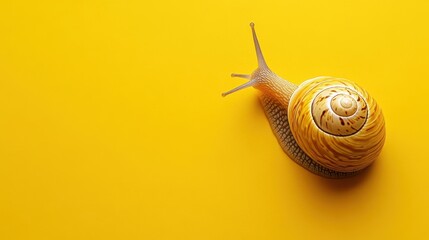 Golden snail on vibrant yellow background showcasing nature's beauty