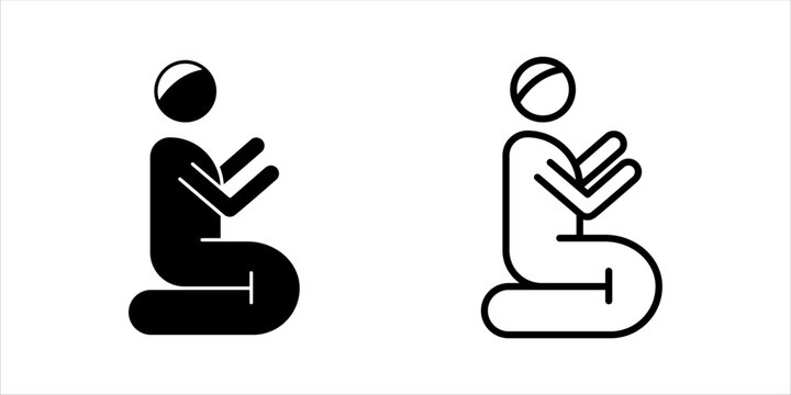 Vector line icon representing Muslim prayer (Salat), typically showing a person in a prostration (sujud) or sitting position, facing Qibla. Symbolizes Islamic worship, spirituality, daily prayers, and