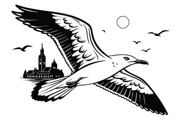 Obraz premium 100 Surreal black and white illustration, silhouette of a seagull, double exposure, cityscape inside bird's body, full moon, church spire, flying birds, reflective water surface, starry sky, minimalis