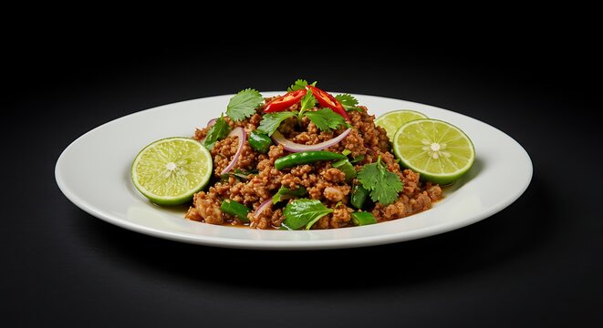 A delicious plate of authentic Thai larb, garnished with fresh herbs and lime wedges on a black background.