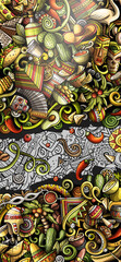 Latin America hand drawn doodle banner. Cartoon detailed flyer. Latin American identity with objects and symbols. Latino illustrations. Color vector background