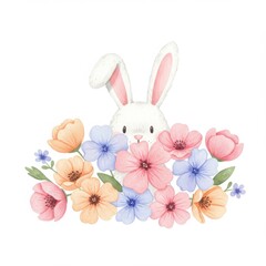 Obraz premium Cute White Bunny Hiding Among Pastel Flowers
