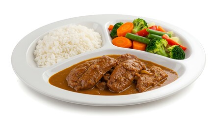 Fototapeta premium Delicious meal with rice, meat in gravy, and fresh steamed vegetables served on a plate.