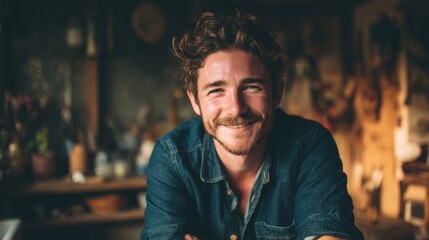 Fototapeta premium Happy man smiling at home, warm and relaxed vibe 