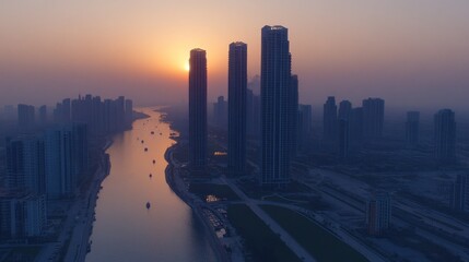 Sunrise over city canal, skyscrapers, boats, hazy morning, urban development, stock photo