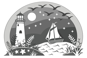 Naklejka premium 101 Paper cut art, maritime scene, silhouette, lighthouse, sailing ship, ocean, seabirds, moon, coral, starfish, layered paper effect, black and white, contrast, depth, intricate details, circular fra