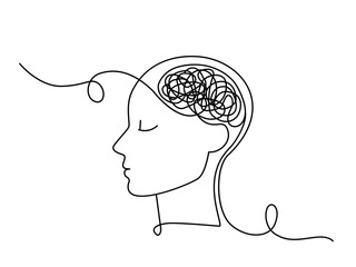 continuous line drawing of man head with confused thoughts. mental health problems concept. flat vector linear isolated on white background