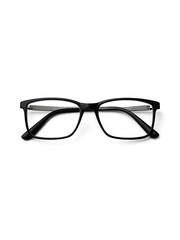 Fototapeta premium Black rectangular eyeglasses on white background. Minimalist flat lay of modern eyewear, top view.