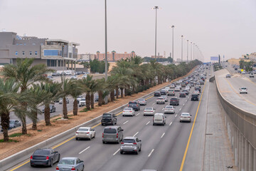 Heavy traffic jam on a multi-lane highway in Riyadh, the capital city of Saudi Arabia.
