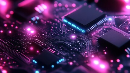 Obraz premium Close-up of circuit board with glowing components. Complex electronic circuitry illuminated by vibrant pink and blue light