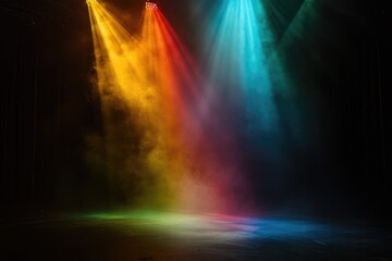 Fototapeta premium A stage bathed in a colorful light show with yellow, orange, and blue spotlights illuminating hazy smoke in a darkened room.