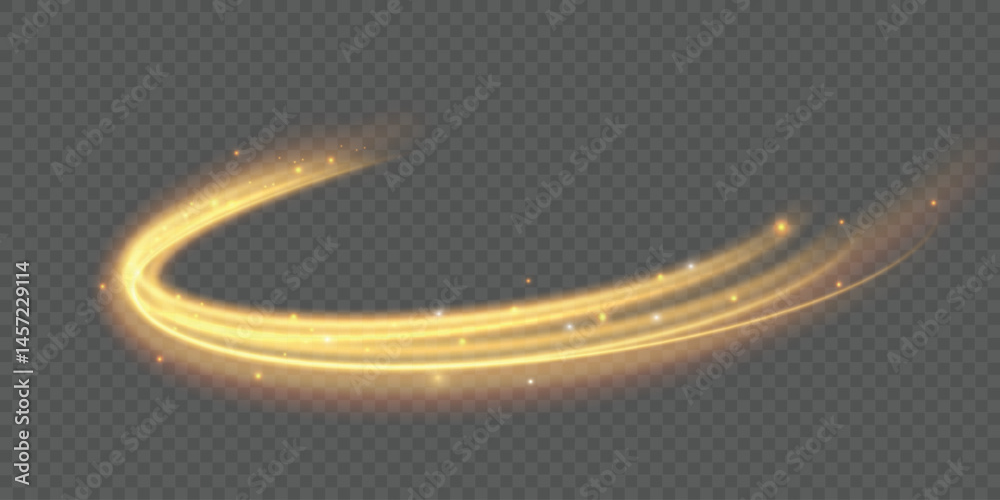 Poster Radiant gold twirl loops in circular light motion. Shimmering arc sparkles as glowing vector fire line. Round light spin flows with dynamic sparkling rhythm.