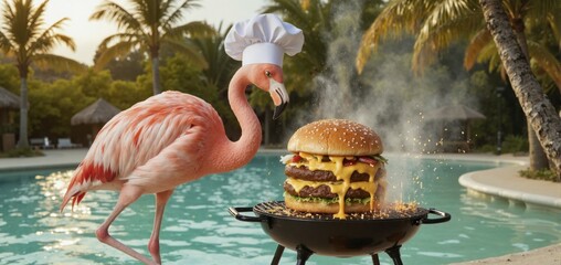 Pink flamingo cooking a big burger