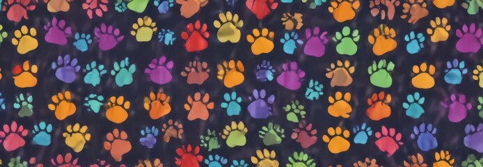 Fototapeta premium Colorful paw prints, playful repeating design , colorful paws pattern, repeat, fun