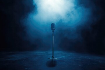 A classic microphone stands in a blue-lit, smoky stage, awaiting a performer's voice to fill the air.