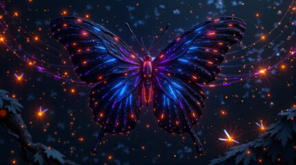 A butterfly with a blue body and gold wings is surrounded by glitter