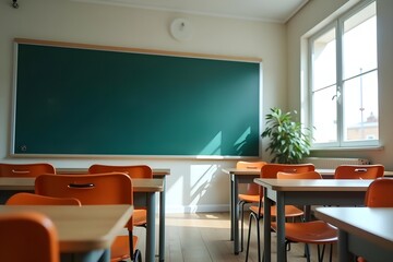 Learning Space with Blackboard and Neatly Arranged Desks