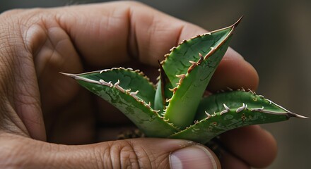 Close up of agave plant in hand for propagation and gardening information