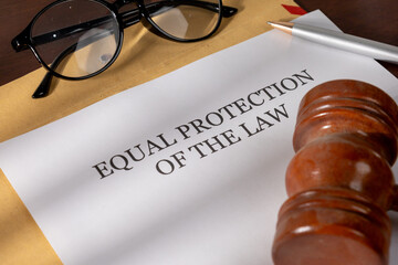 Law Office Desk Featuring Equal Protection Document and Gavel