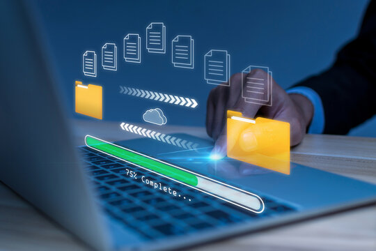 Cloud Computing. business people hand touching on laptop computer with file transfer holographic AI technology icon, backup storage, artificial intelligence, cloud storage technology concept