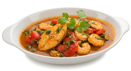 A delicious moqueca stew with fish, shrimp, and tomatoes, served in a white bowl.