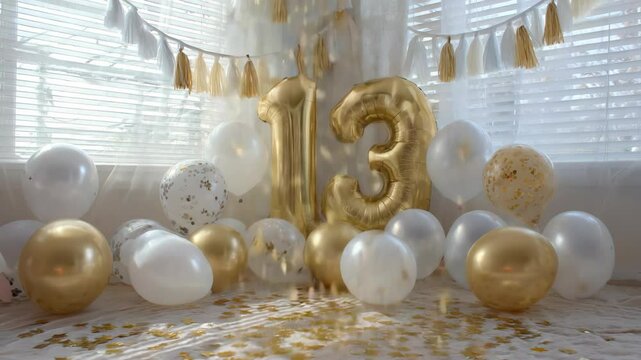 Celebrating a thirteenth birthday with gold number balloons and white decorations near a window covered in shiny confetti