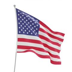 Fototapeta premium Waving American Flag on a Pole Against White Background