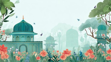 Traditional Mughal gardenthemed wedding invitation card design for special events