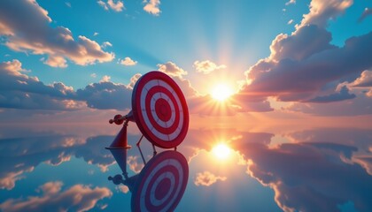 an abstract artistic concept featuring a target with a bullseye at the center, which is superimposed over the reflection of a sunset in a mirror like surface