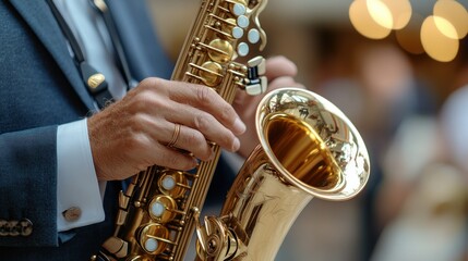Obraz premium Close-up of saxophone player's hands playing a gold-toned saxophone