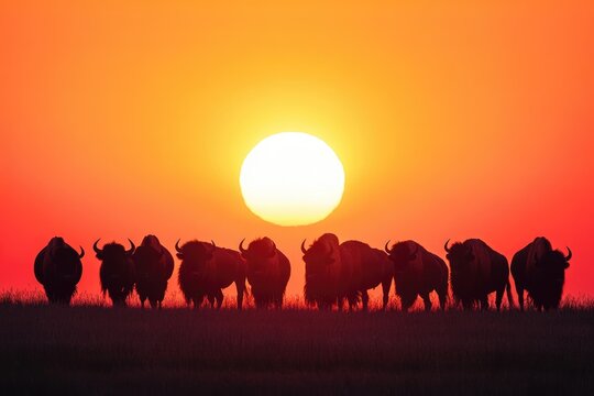Silhouette of a herd of bisons, standing in a field during a vibrant sunset, orange sky in the background.