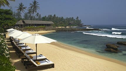 Naklejka premium Tropical beach resort, ocean waves, palm trees, relaxation