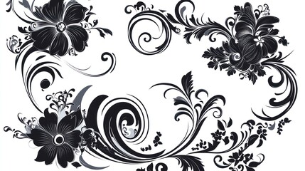 Black and white floral designs with swirls and decorative elements