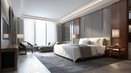 3D rendered luxury hotel room interior with elegant furniture and contemporary design