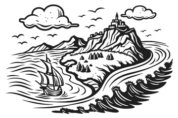 Fototapeta premium 105 Black and white illustration, woodcut style, Iceland map, rugged coastline, volcanic landscape, wavy texture, abstract geography, surreal island, ocean waves, miniature ships, cloud silhouettes, d