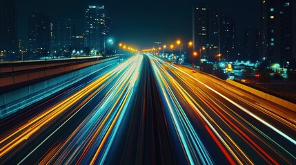 Nighttime long exposure view of a busy city highway