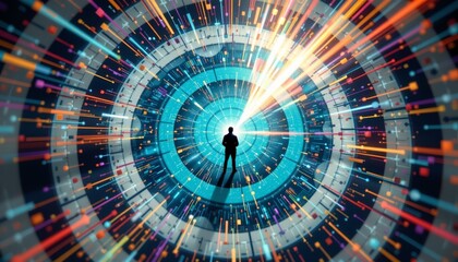 a person stands at the center of a futuristic interface filled with vibrant lights and holographic projections, creating an atmosphere of advanced technology and virtual connectivi
