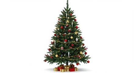 A christmas tree decorated with ornaments and lights with gifts underneath on a white background