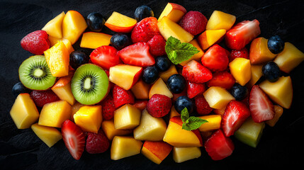 An elevated view showcases the vibrant textures of mixed fruit slices, including strawberries, blueberries, kiwi, and mango, artfully arranged on a dark surface.
