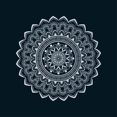 This ornamental round lace pattern on black showcases a vintage floral mandala design with ornate and ethnic elements in a seamless vector illustration