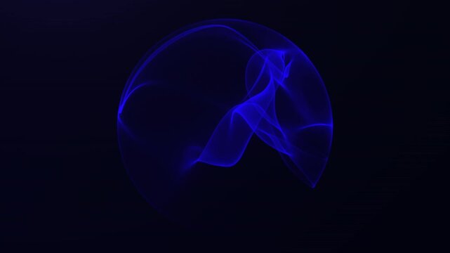 Glowing abstract blue energy sphere on dark background, futuristic 3D light wave shape, mysterious plasma ball, digital neon art, loop background for technology and sci-fi concepts
