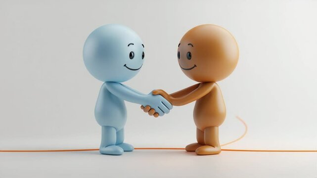 Two cheerful cartoon characters, one blue and one orange, shaking hands in a friendly gesture. The image symbolizes teamwork, partnership, and mutual understanding on a light background.