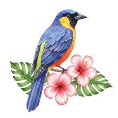 Blue Bird Perched on Branch with Pink Hibiscus Flowers